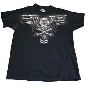 Sinister Brand Skull Wings Crossbones Star Graphic T-Shirt Black XL Biker Tee